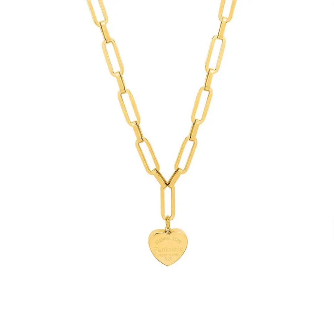 Gold Paperclip Chain Necklace with Heart Charm