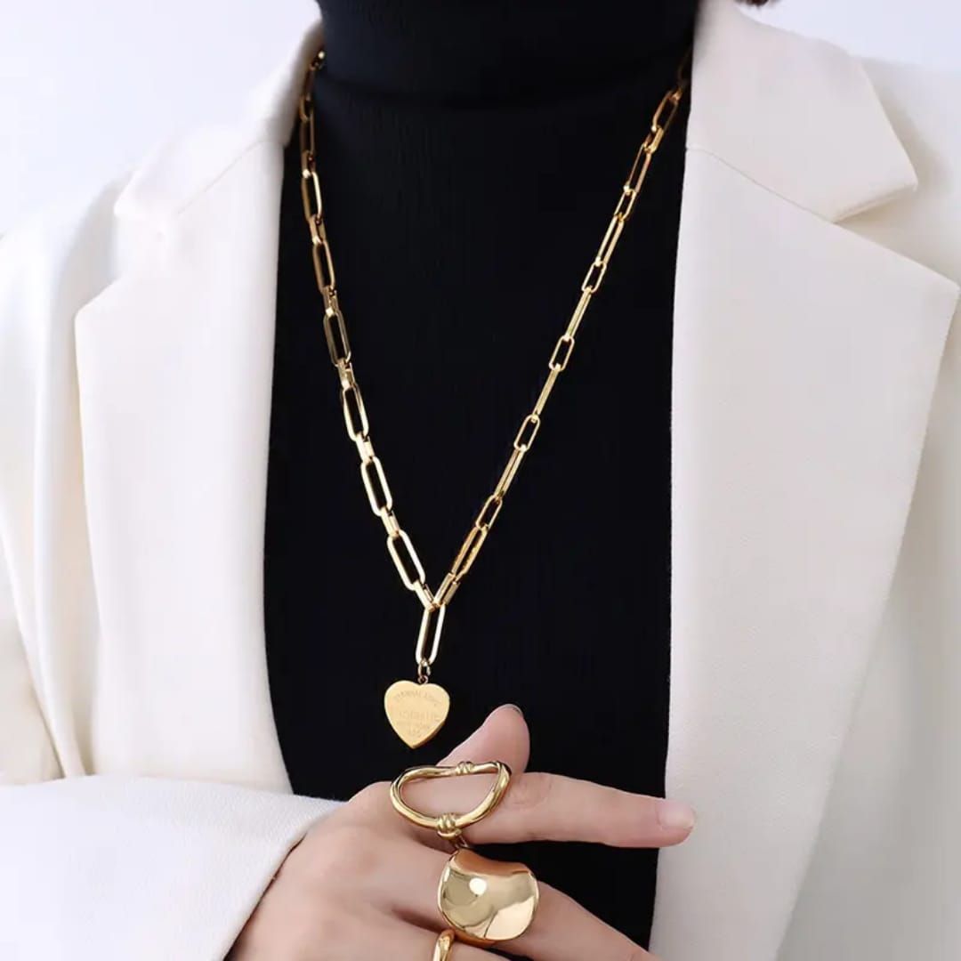 Gold Paperclip Chain Necklace with Heart Charm