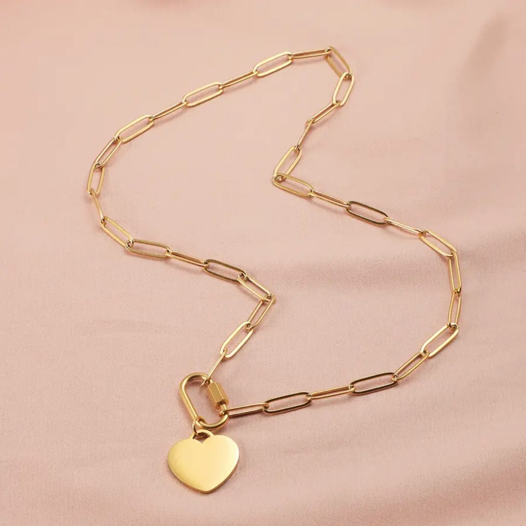 Gold Paperclip Chain Necklace with Heart Charm