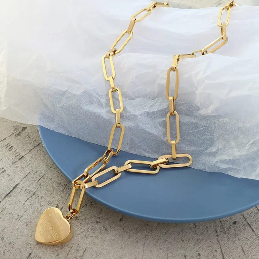 Gold Paperclip Chain Necklace with Heart Charm