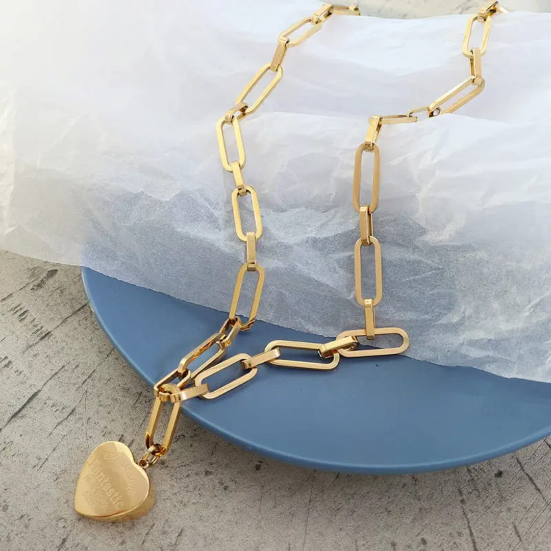 Gold Paperclip Chain Necklace with Heart Charm